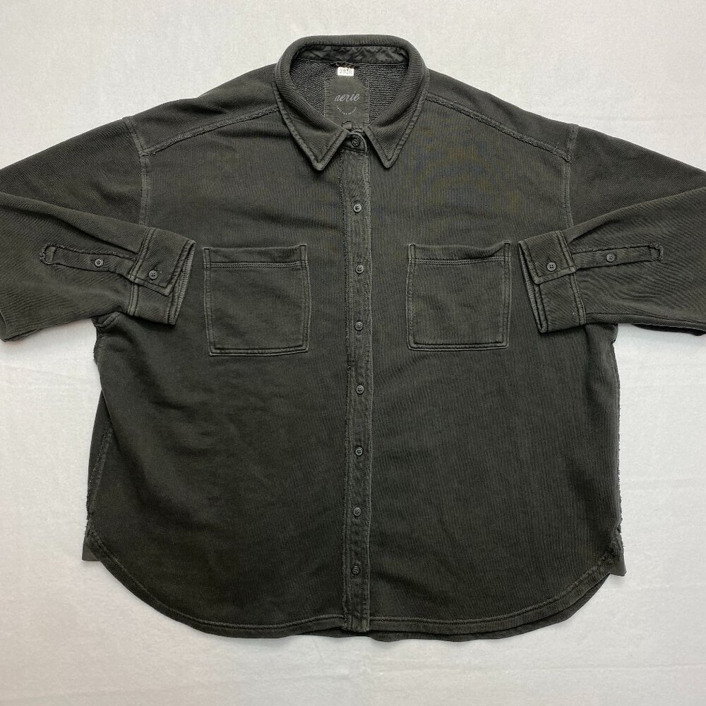 Aerie Shirt Blouse Women's M Gray Lumberjane Button Up Oversized Collar